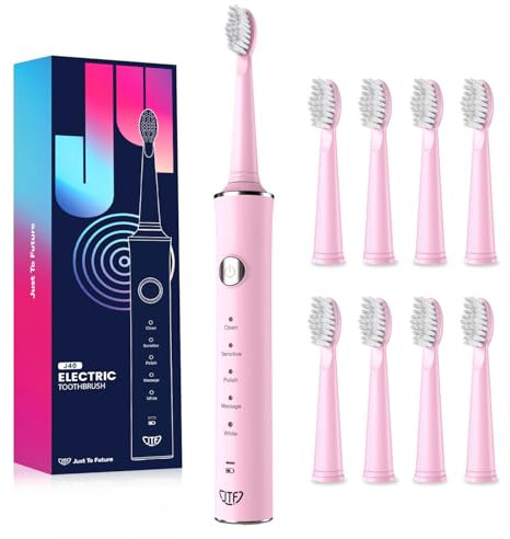 JTF Spazzolino Elettrico, Spazzolino da denti Sonico con 8 Testine, 5 Modalità & Smart Memory, Timer 2 Min, IPX7 Impermeabile, Rechargeabilité, Ricarica Rapida 3H, Adulti (Rosa)