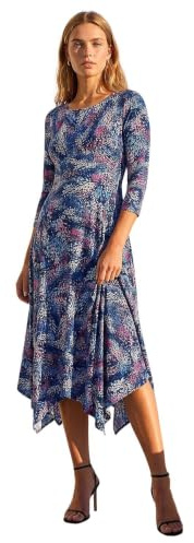 Roman Hanky Hem Swing Dress with Pockets for Women UK Ladies Asymmetric Hemline Stretch Jersey 3/4 Sleeve Winter Smart Casual Work Office Knee Length Tunics - Pink - Size 10