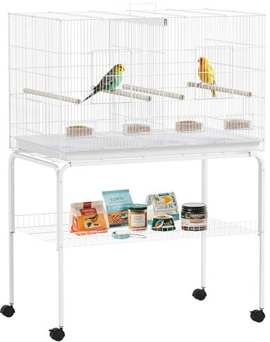 PawHut Vogelkäfig mit Trennwand für Vögel mit Rollen, 4 Futternäpfe, 4 Sitzstangen und herausnehmbarer Tablett, Käfig für Papageien, Kanarienvögel, Wellensittiche, 94 x 57 x 128 cm, Weiß