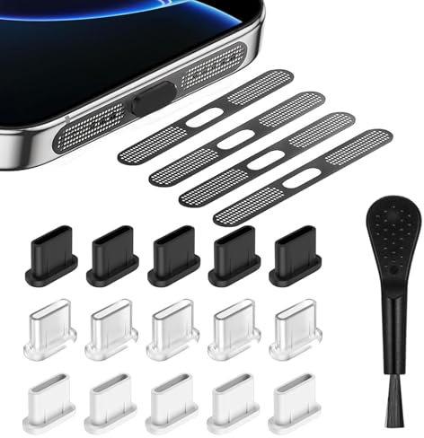 RXKFIGX 20-teiliges Set USB C Staubschutzstecker und Telefon-Lautsprecherabdeckung, Staubdichter Mesh-Aufkleber, Anwendbar auf iPhone 16/15 Serie, Typ C Port Für Meiste Typ-C Handy Tablet Zubehör