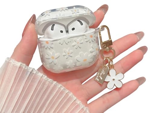 MINSCOSE Kompatibel mit AirPods 4 Klar Hülle,Niedliche Blume Muster Design mit floralen Schlüsselanhänger, weiche TPU schützende stoßfeste Hülle für Frauen Mädchen-weiße Blume