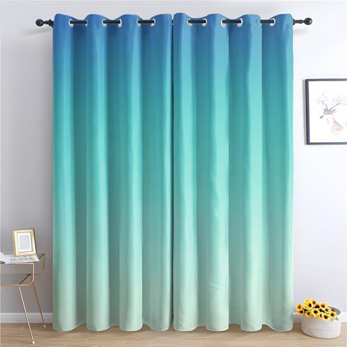 zcwl Blaugrün Farbverlauf Vorhänge, Aquablau Ombre Verdunklungsvorhänge mit Ösen, Vorhang Blickdicht für Wohnzimmer Schlafzimmer Dekoration, Gardinen mit Muster, 2er Set, 245 x 140 cm (HöhexBreite)
