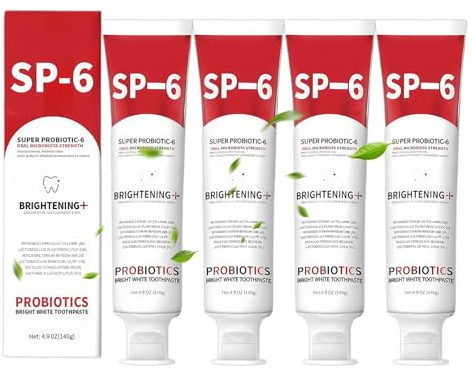 4 Pack Sp 6 Zahnpasta Sp-6 Probiotic Whitening Zahnpasta Gesundes Zahnfleisch, 6 Probiotika-Formel Für Zahnaufhellung Frischen Atem Fluoridfrei, Minzig-frischer Geschmack, Für Empfindliche Zähne