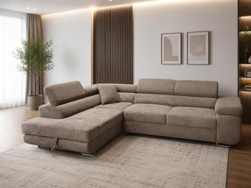 KMK GNYCH Sofa Aston 272x203x88 cm, Schlaffunktion, Braun, Links | L-Form Sofa, Modern Couch mit Bettkasten, Weiches Ecksof fürs Wohnzimmer, Schlafsofa, Eleganter Poso Stoff
