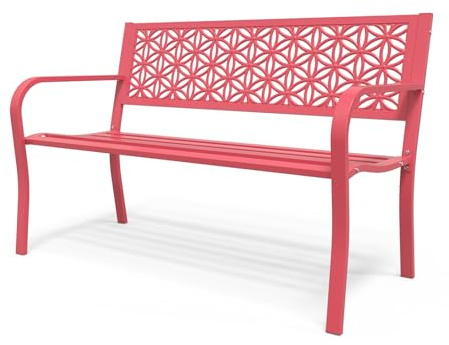 Bonnlo Garden Bench for 2-3 Seaters, Outdoor Patio Bench with Floral Back, Rust Resistant Sturdy Construction Garden Seat, Pink