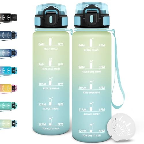 Motswedi Gourde 1l, Anti Fuite, Gourde Sport, Réutilisable, Bouteille d'eau, sans BPA, Bouteille Reutilisable, pour Randonnée, Fitness, Yoga, Camping, Sport, Blanc & Bleu