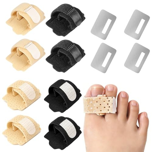 8 Pcs Hammer Toe Straightener Corrector Kit, 4 Rigid with Aluminium Plate + 4 Soft Wraps – Adjustable Toe & Finger Support Straps, Breathable Alignment Wraps for Day & Night Comfort (Black/Beige)
