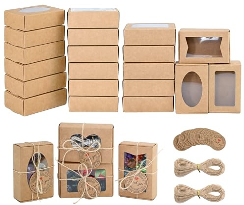 24 Kraft Paper Gift Boxes with Window + 24 Cards + 2 Rolls of Jute Twine (10m) - 9x6x3 CM, Complete DIY Packaging Set for Cookies, Soaps, Jewelry& Gifts