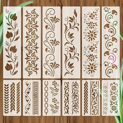 Nivofu 12 Stück Schablonen-Set für Wandgestaltung und Textilgestaltung, PET Malschablonen mit Blumen und Ranken Muster, Große Vorlagen für Möbel Holz Basteln und Scrapbooking