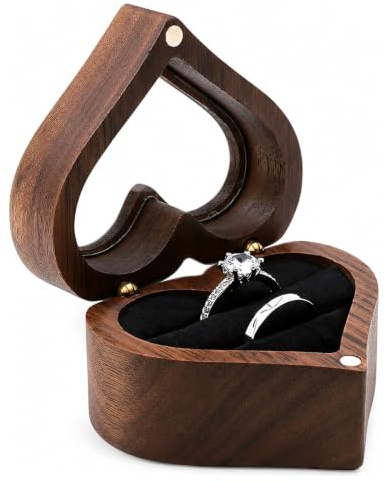JazRvr Ringbox Hochzeit, Ring Schatulle Für 2 Ringe, Hochzeit Ringbox Aus Holz, Ringbox Verlobung, Ringaufbewahrung, Ring Box, Braunes Design Mit Transparenter Herzform Abdeckung
