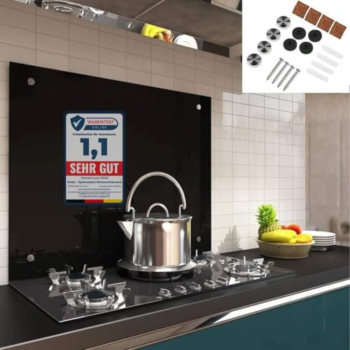 Melko Écran de protection anti-projection en verre - Panneau de cuisinière - Verre trempé de sécurité de 6 mm - Fond mural avec matériel de fixation inclus., Verre, Noir , 90 x 60 cm