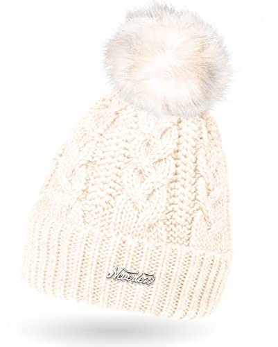 Neverless Damen Strick-Mütze gefüttert mit Kunst-Fell-Bommel, Winter-Mütze, Bommelmütze, Creme Unisize