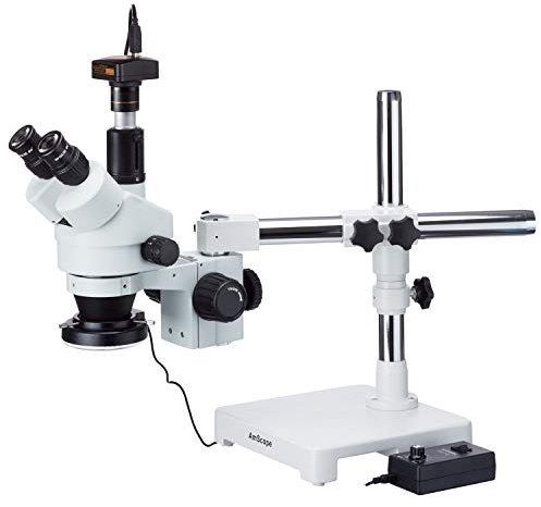 AmScope SM-3TPZ-144-10M Boom Ständer Trinokulares Zoom Stereomikroskop mit 144-LED-Ringlicht und 10MP USB2.0-Kamera, 3.5X-90X, Weiß