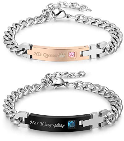 Zysta Her King und His Queen Schrift Curb Kette Armband mit Gravur EIN Paar partnerarmband aus Edelstahl Pärchen Armreifen für verliebte Herren Damen Geschenkset