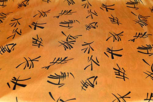 TISSU CARNAVAL CHINOIS JAUNE MOTIF NOIR 100% POLYESTER, COUPE PAR 50cms