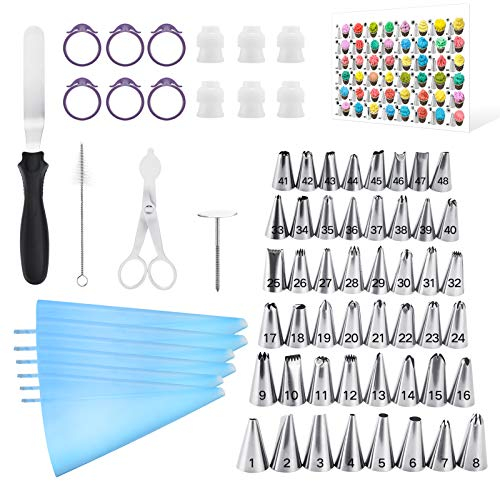 Kasmoire 70 Pcs Cake&Cupcake Decorating Supplies Tips kit-48 Numbered Piping Tips & 6 Reusable Pastry bag with Pattern Chart - Flower Nail, Icing Spatula,Cleaning Brush, 6 Couplers & Icing Bag Ties