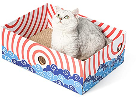 Conlun Rascador para Gatos con Caja, Rascador Gato Grande y Resistente, Doble Cara, Agujeros Interactivos, Zona de Descanso Antisuciedad para Interior (1 Unidad, Grande, Rojo)