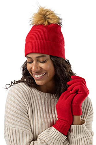 Fishers Finery Damen 100% Kaschmir Pom Mütze und Handschuh Set mit Geschenkbox, Rot (Cardinal Red), Einheitsgröße
