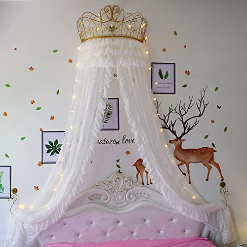 SXFYHXY Prinzessin Himmelbett Vorhänge Weiße Spitze Chiffon Betthimmel Dekorative Vorhänge Metallkrone Mit Sternen Lichter Für Mädchen Schlafzimmer