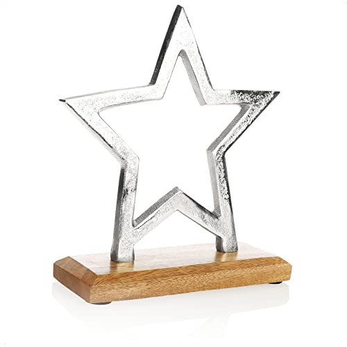 com-four® Premium Deko-Aufsteller Stern - Statue aus Vernickeltem Aluminium auf Mangoholz-Sockel - Deko zum Hinstellen - Tolle Sterndeko (Silberfarben - Großer Stern)