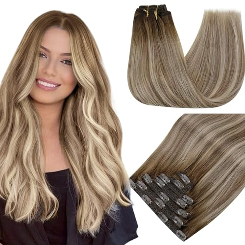 RUNATURE Echthaar Extensions Clip Balayage Braun Blond Clip in Extensions Echthaar Balayage Braun Ombre Blond 40cm 7Pcs Extensions Echthaar Clip Seamless Echte Haare #3/8/22 120g