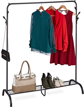Relaxdays Coat Rack Metal, Shoe & Bag Shelf, 6 Hooks, Clothes Rail Bedroom, HWD: 145 x 132 x 44 cm, Free Standing, Black, Steel | Bedroom clothes rail, HBD: 145 x 132 x 44 cm, free-standing