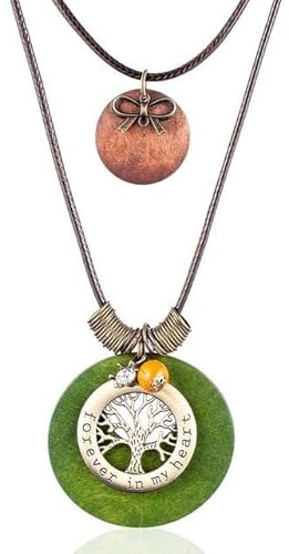 Woman Double Layer Long Necklaces Tree of Life Pendant Wooden Wood Chokers Necklace for Women Vintage Jewelry, wax strings, metal