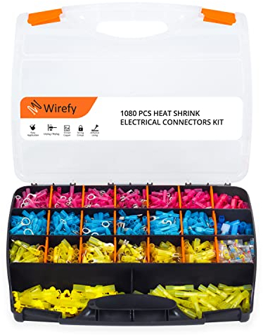Wirefy Kabelschuhe Set - Quetschverbinder Set enthält Ringkabelschuhe, Stoßverbinder, Lötverbinder, Steckverbinder, Flachstecker und Abzweigverbinder - Kabelklemmen Kfz Elektro 0,5-6 mm² - 1080 Stück