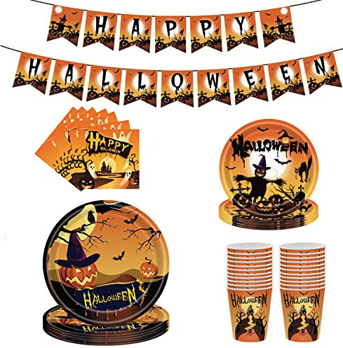 65-teiliges Halloween-Geschirr-Set, Halloween-Party-Feier-Zubehör-Set Happy Halloween-Slogan, Ziehflagge, Pappteller, Serviettenbecher, Geschirr-Set für drinnen und draußen, Zuhause, Büro, Schulparty