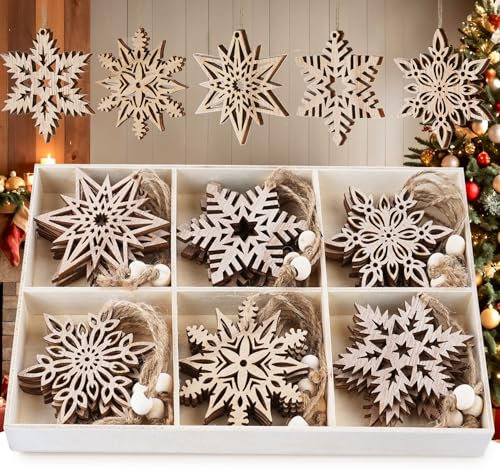 HOUISM 24pcs Christmas Snowflakes Ornaments Wooden Tree Hanging Decorations Rustic Wood Crafts Snowflakes Cut-outs Embellishments, ⌀7.5cm