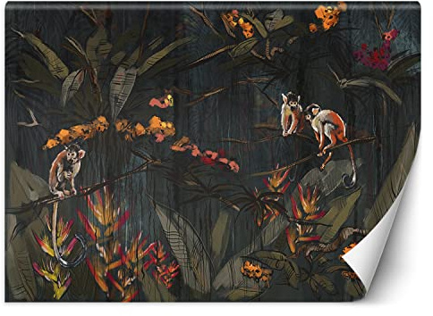 Feeby Fototapete Dschungel Affe Blätter 350x245 cm Grün XXL Vlies Wandtapete Tapeten Wohnzimmer Schlafzimmer Jugendzimmer Moderne Design Wandbild Wand Dekoration Tropen Exotisch Blumen