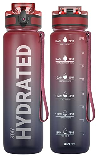 Sahara Sailor Leakproof Water Bottle 1L, Tritan BPA Free Motivational Sport Drinks Bottle with Clear Time Marker, Lock Cover, Easy Clean Brush, Durable for Gym, School, Hiking, Cycling (1 Bottle)