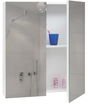 Mendler Spiegelschrank HWC-B19b 70x60x16cm - weiß | Badschrank, Hängeschrank, 2 Regalböden, Hochglanz, FSC®-Zertifiziert