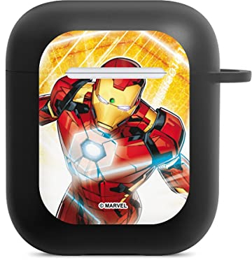 DeinDesign Hülle mit Karabiner kompatibel mit Apple AirPods Case schwarz Schutzhülle mit Schlüsselanhänger Iron Man Marvel Feuer