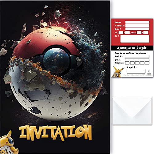 LOLA & LOUIS® • 10 Einladungskarten zum Geburtstag auf Französisch • 10 Umschläge • Weltraum, Astronaut, Raumschiff, inspiriert vom Pokemon-Universum • Zum Einladen von Mädchen und Jungen