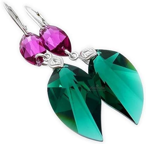 Pendientes originales de plata de ley 925 con certificado de color fucsia ARANDE, Pendientes Largos, Plata de ley