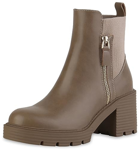 VAN HILL Damen Klassische Stiefeletten Blockabsatz Zipper Trendy Schuhe 212948 Khaki 36