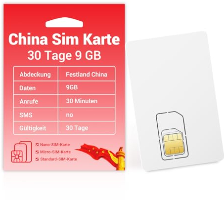 China SIM-Karte 30 Tage 9GB, Aktivierung erforderlich, 4G High-Speed-Kommunikationsnetz, 30 Minuten Gespräch, no Texte, Festland China SIM-Karte
