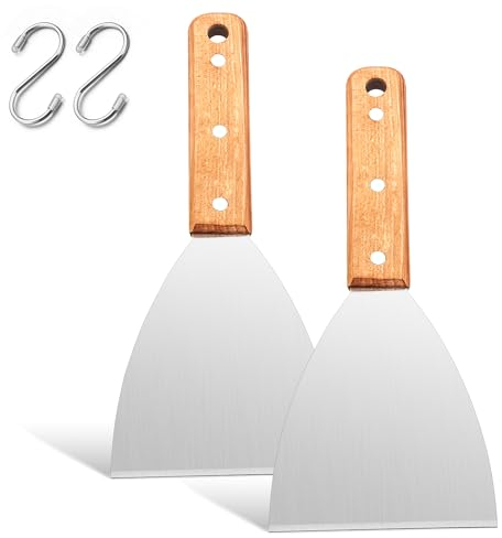 Grillspachtel, Joyfair 2 Stück Plancha Spachtel Küchenspachtel Set, Grill Spachtel Edelstahl mit Holzgriff, Pizzaspatel für BBQ/Küche/Kochen/Reinigen, Schräger Rand & & 2 Haken