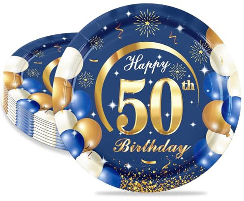 MORAINJAY 16 Pièces Assiette pour Fête Anniversaire 50 ans,7 Pouces/18cm Bleu Or Papier Assiette Dessert Plateau Vaisselle pour Décoration Anniversaire 50 ans Homme Femme