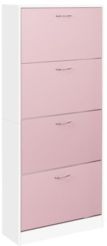 BAKAJI Scarpiera Portascarpe in Legno MDF con 4 Ante Porta Scarpe a Ribalta Maniglie in Metallo Doppia Profondità Dimensioni Compatte Slim 63 x 24 x 150 cm Salvaspazio Ingresso Casa (Rosa e Bianco)