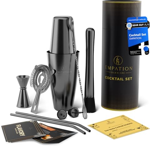 EMPATION Cocktail Shaker Black, 14-piece Cocktail Set with 825 ml Boston Shaker, Cocktail Accessories incl. Recipe Cards, Cocktail Making Kit for Beginners & Professionals, Cocktail Shaker Set