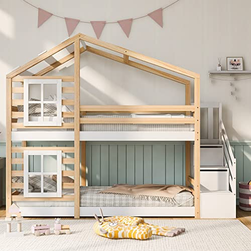 Cama cabaña infantil 90 x 200 almacenamiento, litera infantil con cajón y protección contra caídas, cama entrepiso de 2 plazas escalera con somieres de lamas, natural y blanco