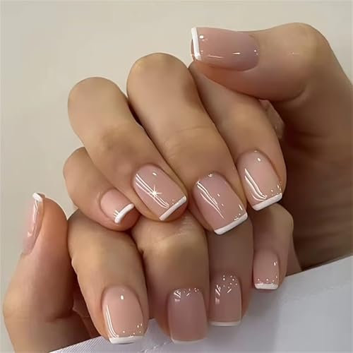 24 Pcs Short False Nails - Press On, Square Stick On Nails - French Nail Tips, Pure Color French Style Acrylic Full Cover Autumn Winter Nails for Women, Girls & Manicure Decoration