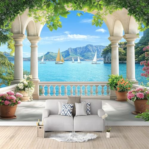 Carta da parati 300 x 210 cm Isola Tropicale Naturale Dipinto Bianco Blu Carta da parati per murales camera da letto soggiorno