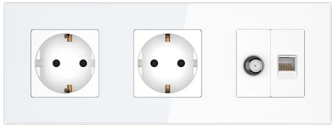PULSAR Sat Anschlussdose/Netzwerkdose/Doppelsteckdose Unterputz 3 Fach Weiß mit Glas Rahmen, Antennendose und CAT5E RJ45 8P8C Ethernet Buchse SAT/Netzwerk Dose/Steckdose Kombination