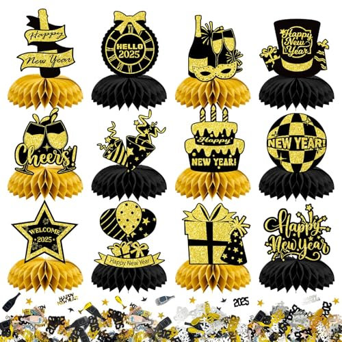 12 Stück Silvester Deko 2025, mit Neujahr Bienenwabe Deko und Konfetti Streudeko Silvester Deko, Silvester Bienenwabe Mittelstücke, Silvester Tischdeko, Happy New Year Deko 2025