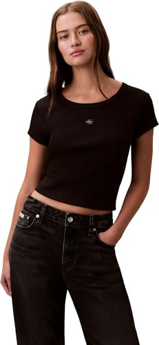 Calvin Klein Damen T-Shirt Kurzarm Woven Label Rib Baby Tee mit Rundhalsausschnitt
