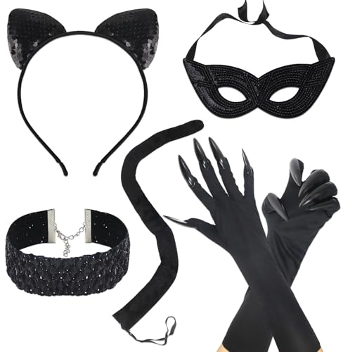 Oerphh 6pcs Black Cat Costume Set,Sequins Black Cat Ears Cat Tail Masquerade Eye Cover Tail Cat Claw Gloves Choker, Catwoman Costume Accessories for Women Halloween Cosplay