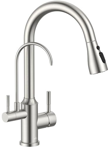 APPASO 3 Wege Wasserhahn Küche ohne Wasserfilter, 3 in 1 Mischbatterie Küche für Wasserfilter,Gebürstet 360° Drehba Armatur Küche, Trinkwasserhahn mit Ausziehbarer Handbrause